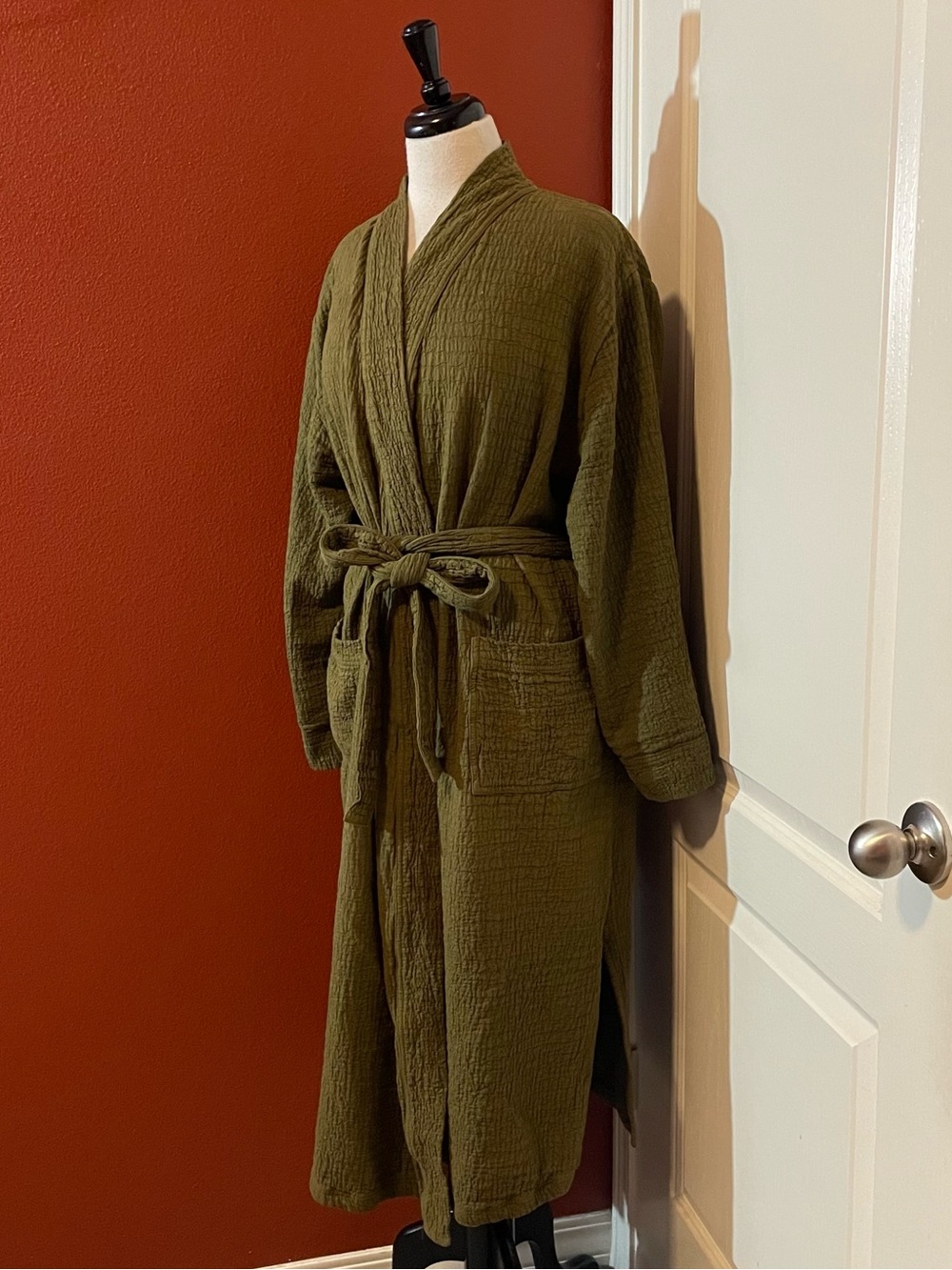 Honest Cotton Women’s Fall Crinkle Cotton Olive Breathable Belted Lounge Robe